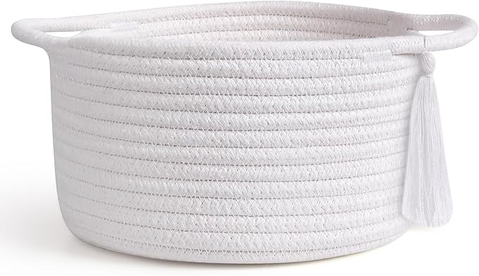 Empty Gift Basket Mini Woven Rope Organizer Baskets for Baby Shower, Vanity, Makeup, Bathroom, Tiny Toys, Desk - Small Decorative Storage Bins - Set of 2, Pre-Shaped, White