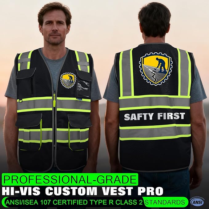 BeautyWill Safety Vest Class2 ANSI Certified Custom Logo High Visibility Reflective Vest for Men -10 Pockets Personalized Logo Heavy-Duty Work Vest(Mesh Black,XL)