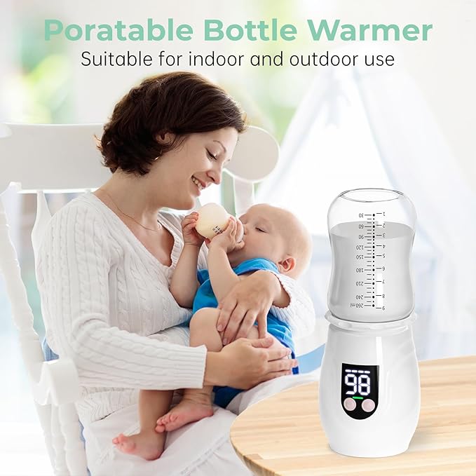 Portable Cordless Baby Bottle Warmer for Travel, Rechargeable with 8 Adapters & 1 Milk Powder Container, Safe Material, Fast Heating, Compatible with Major Brands,White