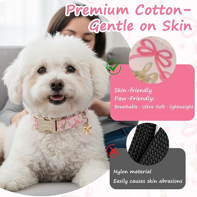 Easter Dog Collar, Spring Pink Dog Collar with Pink Bow & Rabbit, Adjustable Cotton Puppy Collars Girl Boy Collar for Small Medium Large Dogs -M