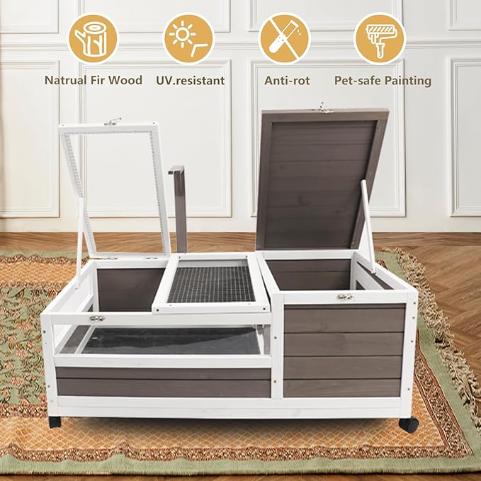 PetsCosset Tortoise Habitat Cage on Wheels with Lamp Stand & Pull-Out Waterproof Tray – Large Wooden Tortoise House, Indoor Outdoor Reptile Enclosure 39''L*23''W*14''H