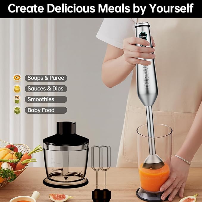 Immersion Blender 1000 Watts Scratch Resistant Hand Blender,20 Speed and Turbo Mode Hand Mixer, 3-in-1 Heavy Duty Copper Motor Stainless Steel Smart Stick with Egg Beaters and Chopper