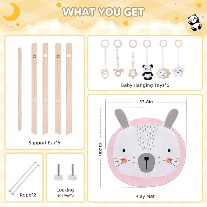 Wooden Play Gym with Mat, Foldable Baby Activity Gyms for Infants Newborn Baby Girl and Boy, Tummy Time Baby Infant Toys 0-6 6-12 Months (Rabbit)
