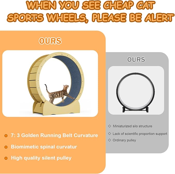 KEIKI 42" Cat Exercise Wheel for Indoor Cats, Large Quiet Treadmill Wheel with Detachable Carpeted Runway, Solid Wood Sturdy Running Wheel for Training & Play, Indoor Cat Wheel, Acacia Wood