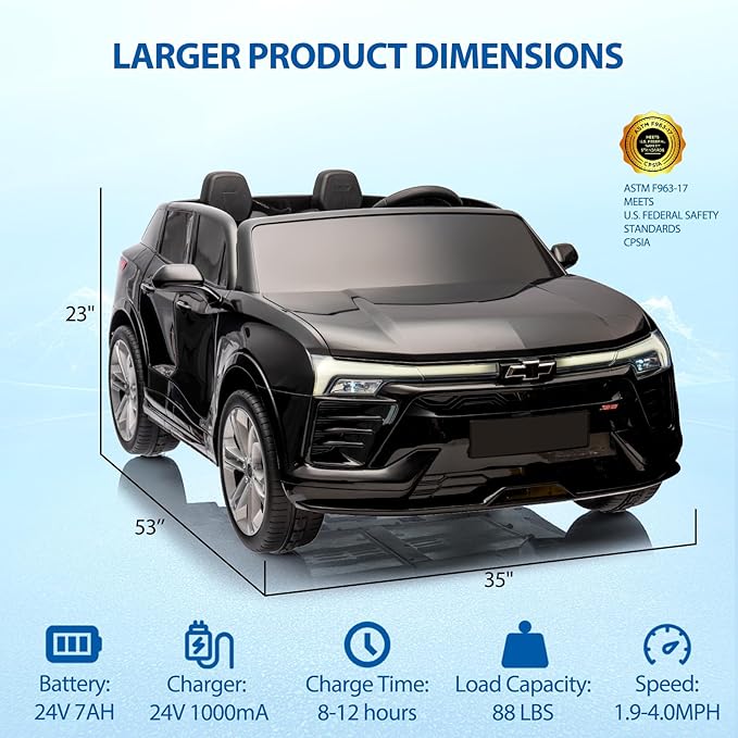 Hetoy 24V 2-Seater SUV Licensed Chevrolet Blazer Ride On Car Toy w/Parent Remote Control, 3 Speeds, Wireless Music, MP3 Player, Electric Car for Kids Ages 3-8, Black