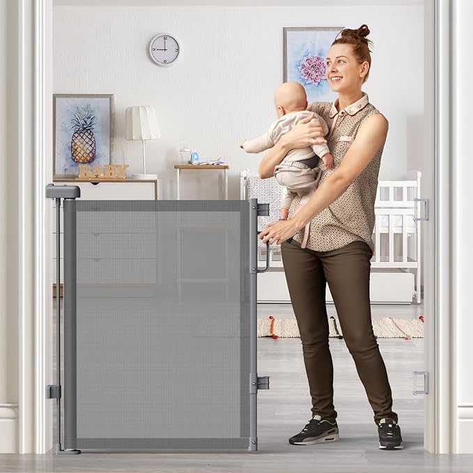 Retractable Baby Gate for Stairs, 55" Wide Mesh Dog Gate Indoor, 34" Tall Child Gate for Doorways, Hallways, Deck, Indoor Outdoor Pet Baby Safety Essentials for Home, Grey