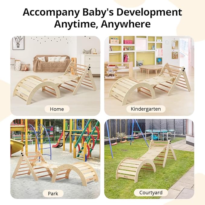 Pikler Triangle Set with Cushion, 8-in-1 Toddler Climbing Toys Indoor, Wooden Montessori Climbing Set with Arch Ramp,Ladder&Tent Cloth, Baby Indoor Climber Jungle Gyms for Toddlers Toy, Natural