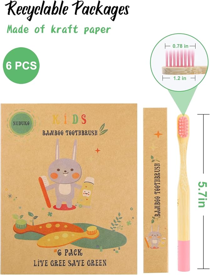 Bamboo Kids Toothbrushes (6 Pack) - Soft Bristle Organic Compostable BPA Free Toothbrush for Kids Toddler Baby Tooth Brush, Eco Friendly Natural Biodegradable Wooden Toothbrush - Round Handle