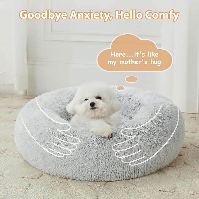WNPETHOME Donut Dog Beds Large Sized Dog,Anti-Anxiety Caming Large Pet Bed,Fluffy Faux Fur Plush Puppy Bed,Warming Cozy Soft Round Bed for Pet, Cat Cuddler Cushion