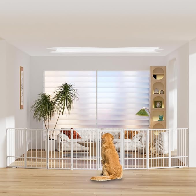 Full Metal Freestanding Dog Gate with Door, 32''Height Foldable Pet Dog Fence for Indoor & Outdoor, 8 Panels Extra Wide Free Standing TallDog Gates for Doorways,House,Stairs,Porch,Deck,Yard