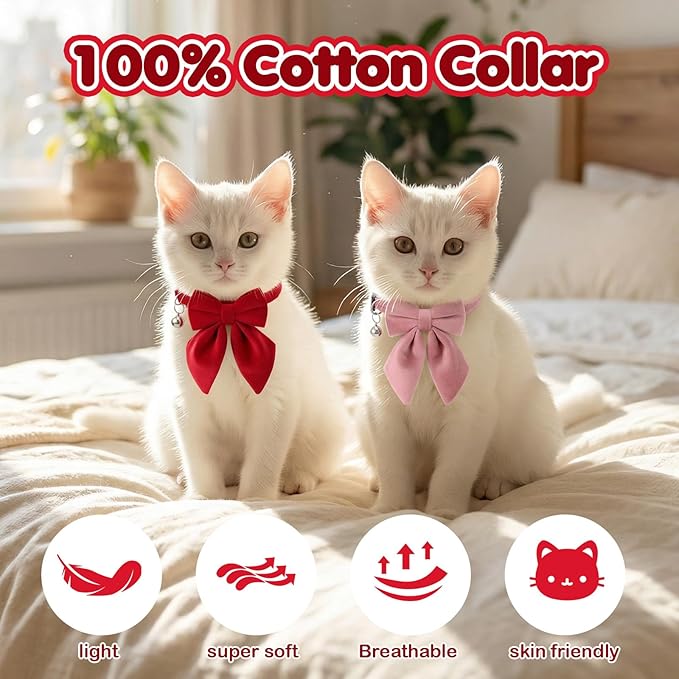 2Pcs Cat Collars for Girl Cats Breakaway Pink Cat Collar with Removable Bow Adjustable Kitten Collar with Bell for Cute Kitten Girl Cats (Pink Red)