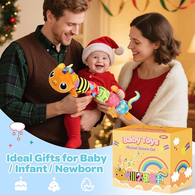 Baby Toys 0-6 6-12 Months, Sensory Musical Animal Stuffed Toy for Infant 0-3 3-6 Months, Tummy Time Toys with Mirror Crinkle Rattle, Plush Unicorn Cat Toy Gifts for 0 1 2 3 4 5 6+ Months Boys Girls