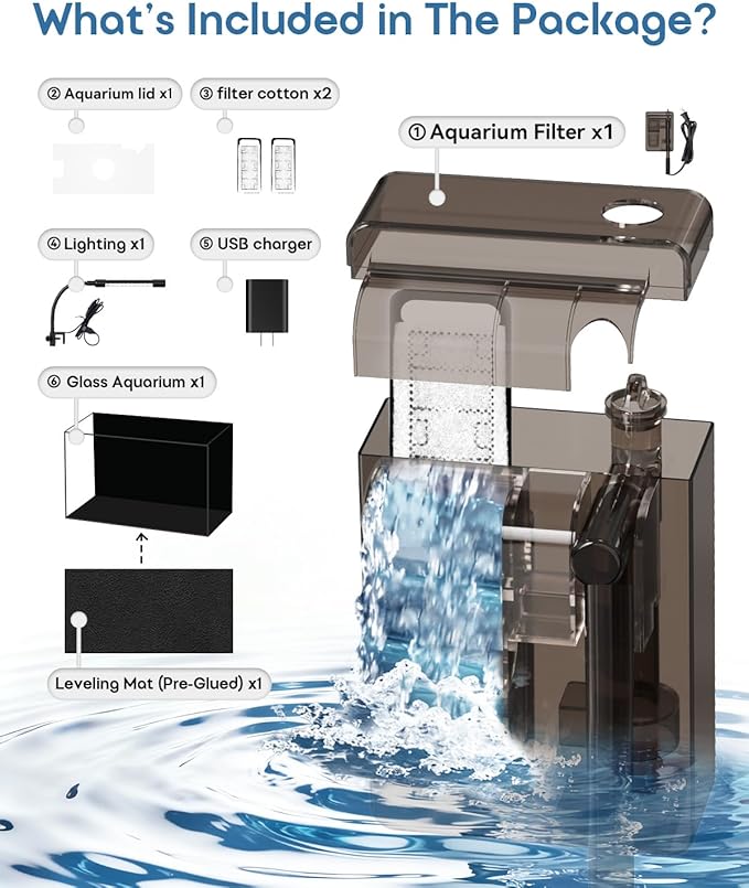 Glass Fish Tank Kit, 5 Gallon Betta Fish Tank Aquarium Starter Kit with Filter, Lights, Lid, for Betta, Goldfish, Small Fish or shrimg
