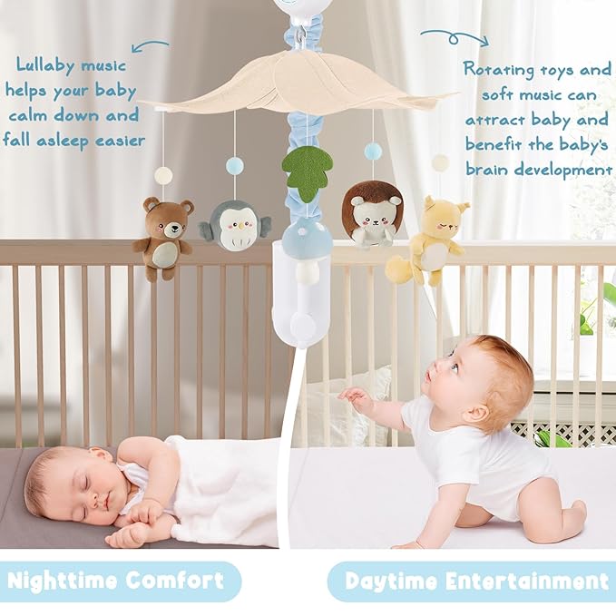 Woodland Crib Mobile – Forest Animals Baby Mobile for Crib with Upgraded 3-Mode Music Box, Blue Nursery Mobiles for Boys & Girls, Fits Standard Cribs, Forest Nursery Decor