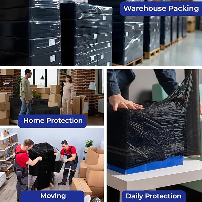 Rosmonde Bulk Black Plastic Wrap, 18" x 1500 ft, 20 Rolls Pack, 80 Gauge Heavy-Duty Pallet Shrink Wrap, True 1500 Ft, 3" Core, Puncture Resistant Stretch Wrap for Moving, Shipping & Secured Wrapping
