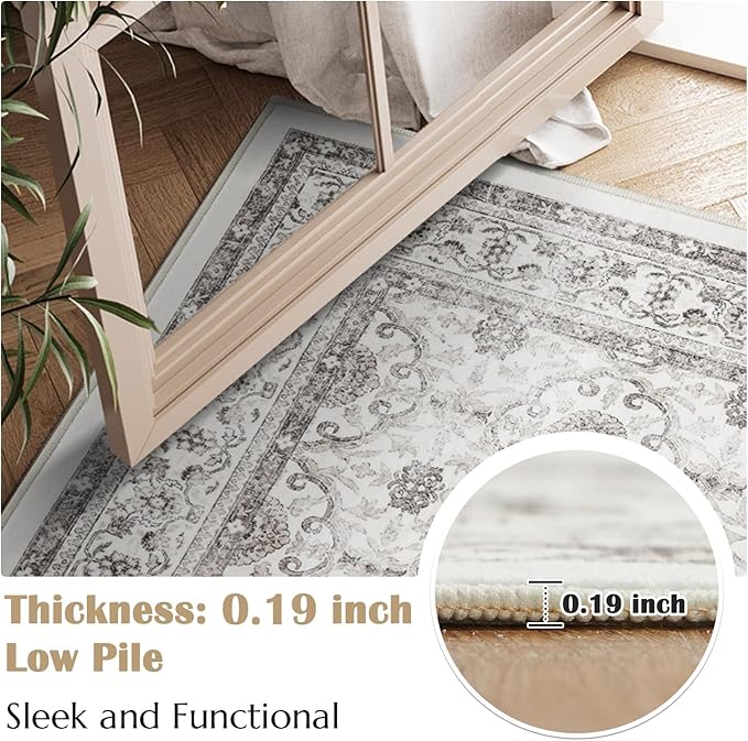 jinchan Floral 6x9 Area Rugs for Living Room - Machine Washable Vintage Distressed Boho Design Throw Rug Stain Resistant Carpet Low-Pile Thin Non-Slip for Bedroom Dining Room Nursery (6‘x9',Beige)