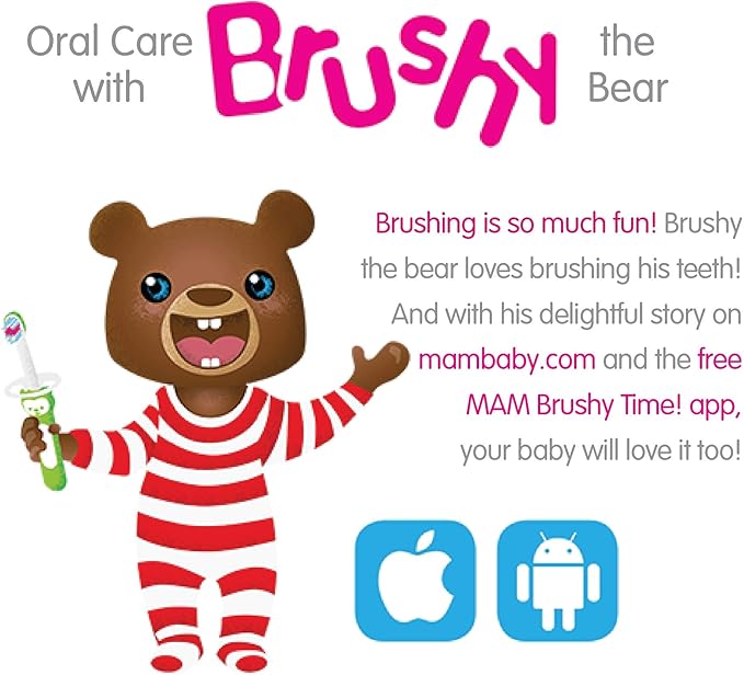 MAM Learn to Brush Set (1 Baby's Brush Toothbrush, 1 Training Brush, 1 Safety Shield), Baby Toothbrushes with Brushy The Bear, Interactive App, for Boys 5+ Months, Blue
