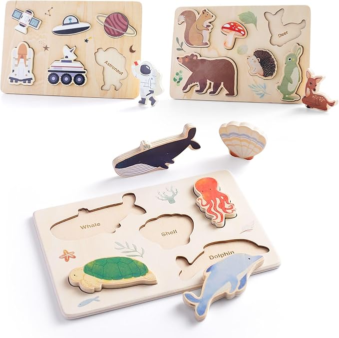 IEATFO 3 Packs Space Ocean Forest Wooden Chunky Puzzles for Toddlers, Wood Puzzle for Kids, Insert Puzzles Each Piece Fits Perfectly, Sturdy and Pegless, Educational Toys