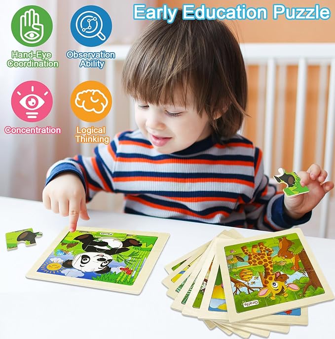 Wooden Puzzles for Toddlers 2-4, 9 Pieces Animal Jigsaw Puzzles for Kids Ages 3-5, Preschool Learning Activities, Learning & Educational Toys, Gifts for Boys, Girls