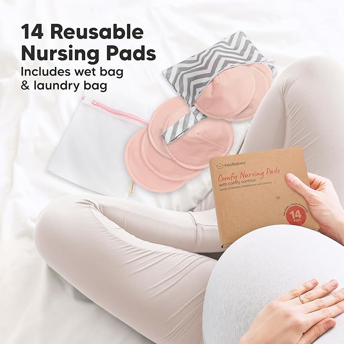 Organic Nursing Pads - 14 Washable Viscose Derived from Bamboo Breastfeeding Pads, Wash Bag, Reusable Breast Pads for Breastfeeding, Nipple Pads for Breastfeeding Essentials(Pink Sand, L 4.8")