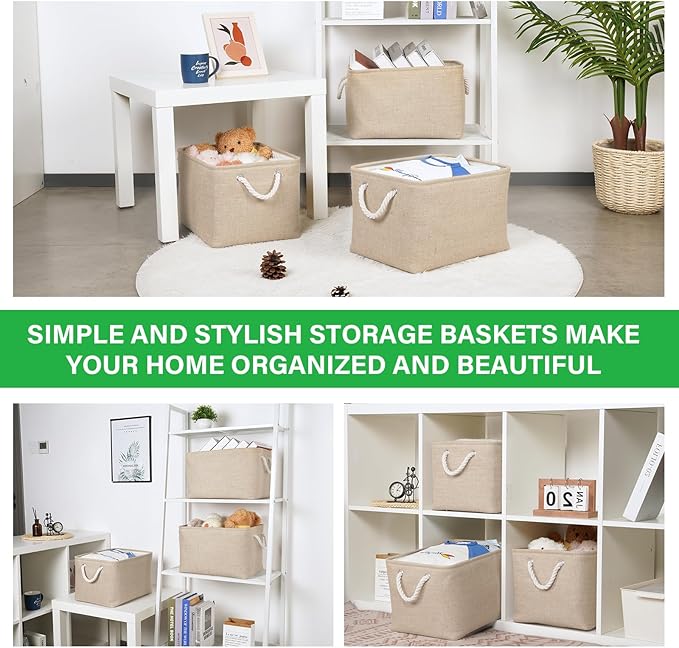 Bidtakay Large Storage Baskets for Shelves 3 Pack Fabric Storage Bins for Organizing Linen Collapsible Organizer for Closet-Flaxen