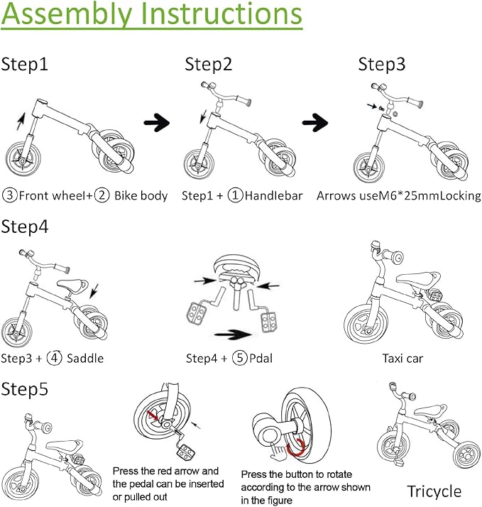 Ancaixin 3 in 1 Toddler Tricycles for 2-5 Years Old Boys and Girls with Adjustable Seat Detachable Pedal and Bell, Foldable Baby Balance Bike Riding Toys for Kids, Child Birthday Gift Green
