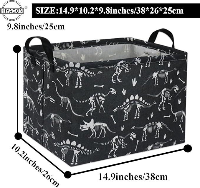 HIYAGON Rectangular Dinosaur Basket Empty Cute Storage Bin Organizer Box Dinosaur Room Decor for Books(Black Dinosaurs)