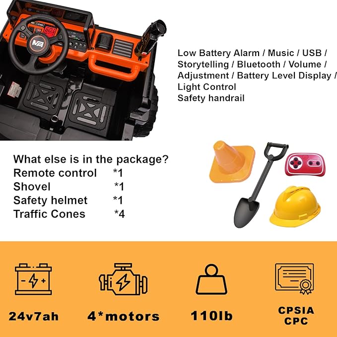 24V Ride On Dump Truck, 24inch-2 Seater Ride On Car for Kids w/Remote Control 4WD/2WD Up to 5 Mph, 24v Ride on Toys for Big Kids w/Electric Dump Bed Extra Shovel Traffic Cones (Orange)