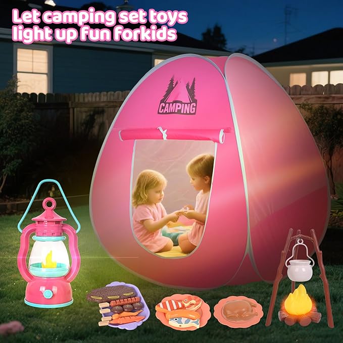 Camping Set Toys with Pop up Tent Pretend Play Indoor Outdoor Camping Playset,Christmas Birthday Gifts for Toddlers Kids Girls 3-5 Years Old