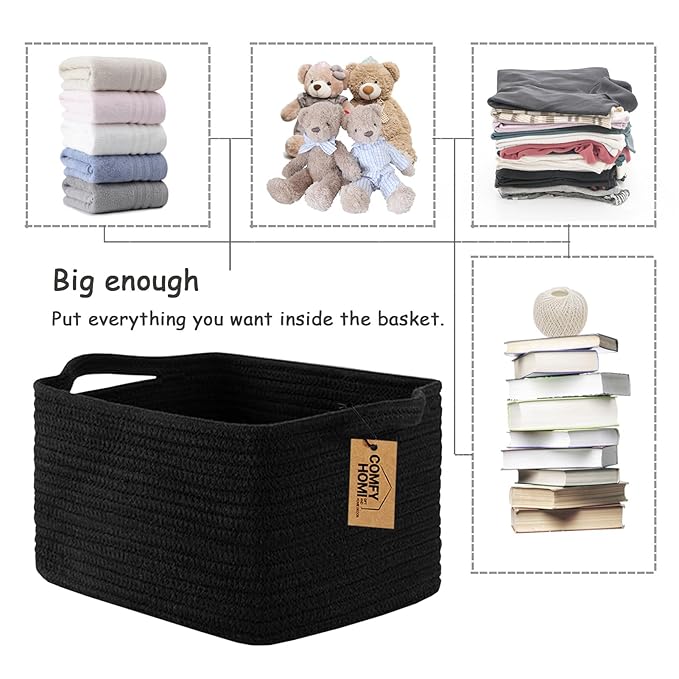 COMFY-HOMI 3PACK Cotton Rope Woven Basket With Handles for Shelves, Toy, Book, Cloth Storage Basket for Organizing|13.5" x 11" x 9.5" Decorative Nursery Cube Bin for Living Room(all Black)