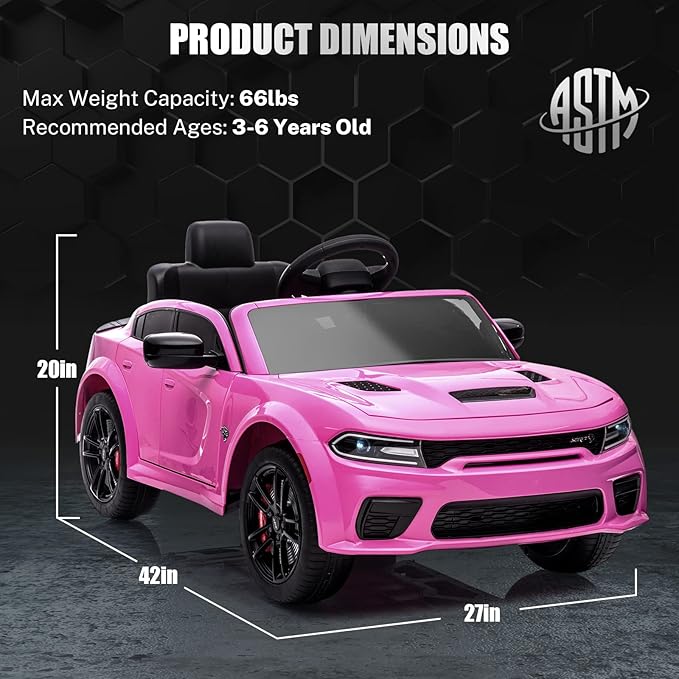 12V 7Ah Kids Electric Ride on Car, Licensed Dodge Charger SRT Hellcat, Battery Powered 4-Wheels Toy Car Electric Vehicle for Kids with Remote Control, 3 Speeds, LED Lights, Music (Pink)