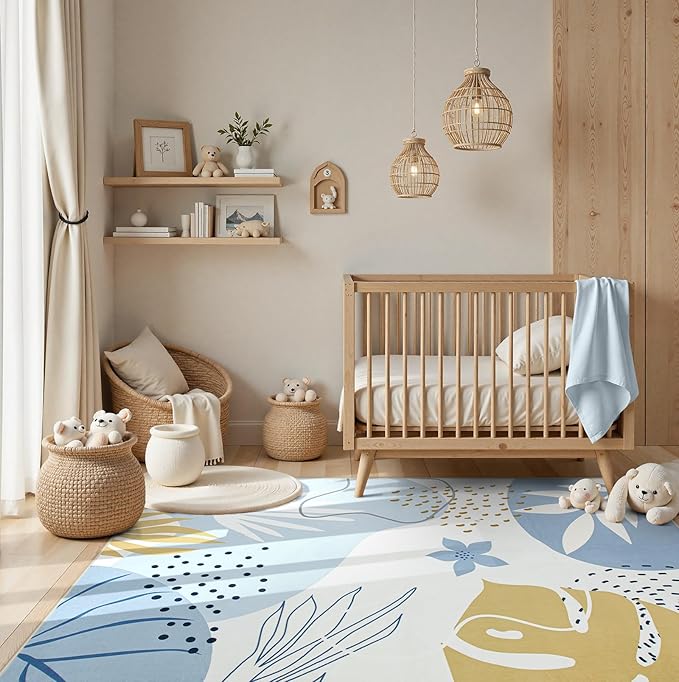 Lahome 8x10 Area Rugs for Living Room - Non-Slip Washable Ultra-Thin Soft Bedroom Rug 8x10 Under Bed, Boho Botanical Print Carpet for Dining Room Office Nursery, Blue