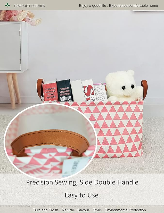 Rectangular Fabric Storage Box, Decorative Basket and Finishing Basket with Handle are Used for The Storage of Clothes, Books and Sundries(Pink Triangle) 1