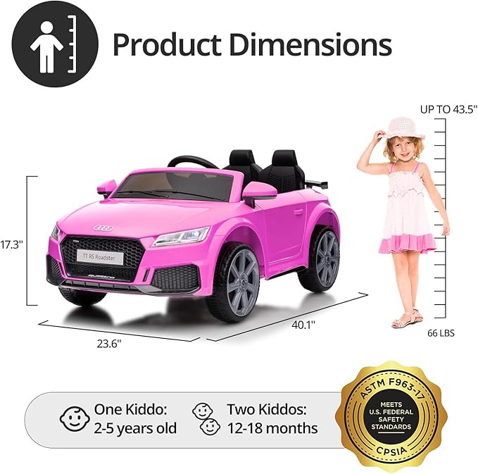 Electric Ride on Car for Kids, Licensed Audi 12V 7Ah Kids Ride-on Toy for Toddlers 3-5 Year Old Girls with Remote, Bluetooth - Hot Pink