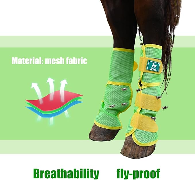 Fly Boots for Horses Set of 4 – Breathable Mesh Leg Protection for Summer with Ventilated Design & All-Day Comfort (Green,Large