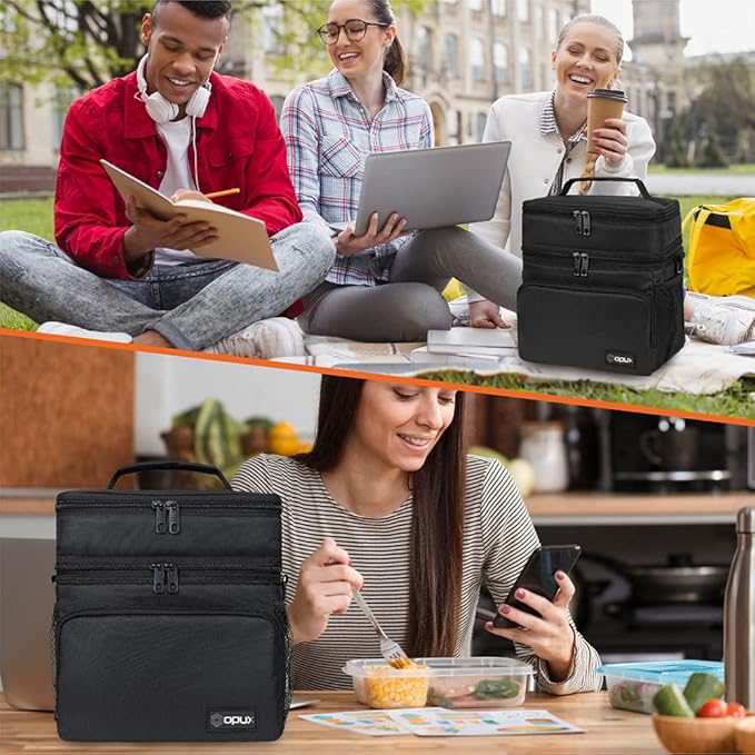 opux Insulated 2 Deck Lunch Bag for Men Women, Large Dual Compartment Cooler Bag for Work School Picnic, Leakproof with Strap for Kid Adult (Black)