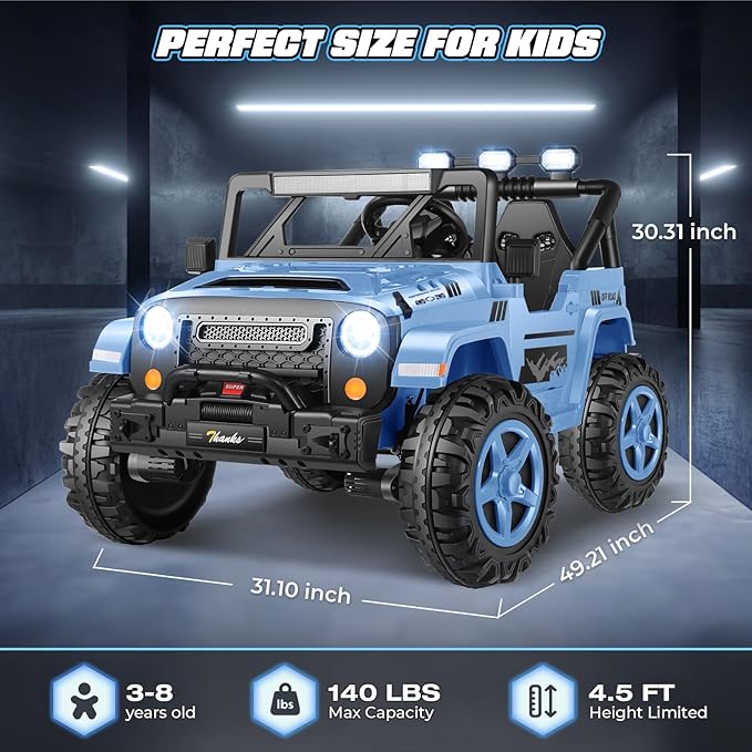 Hikole 2 Seater XL Ride on Cars for Kids - 24V Electric Car with 20 Inch Wide Seat, 4WD/2WD Switch, Remote Control, LED Lights, Music Player, Battery Powered Car for Kids, Blue-Gray