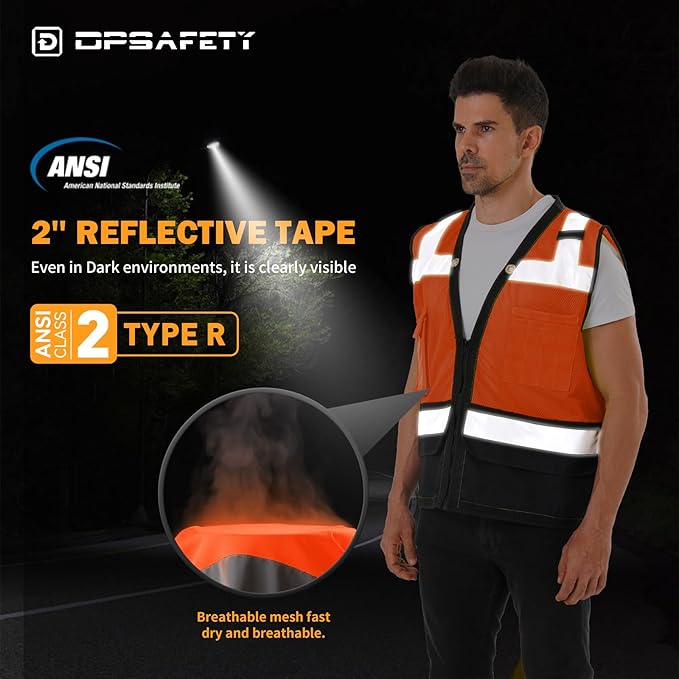 Reflective Safety vest With back plan pocket,High visibility Class 2 Heavy Duty Surveyor Vest with Zipper,Hi Vis Construction Work Vest for Men&Women ANSI/ISEA(Orange-Bottom,3XL)