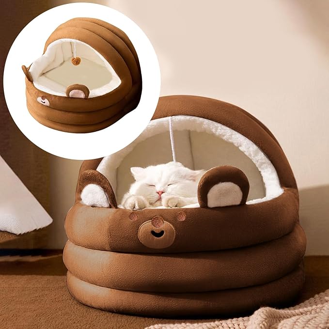 Cat Bed for Indoor Cats, Dog Bed with Anti-Slip Bottom, Rabbit-Shaped Cat/Small Dog Cave with Hanging Toy, Puppy Beds with Removable Cotton Pad, Super Soft Calming Pet Sofa Bed (Brown, Medium)