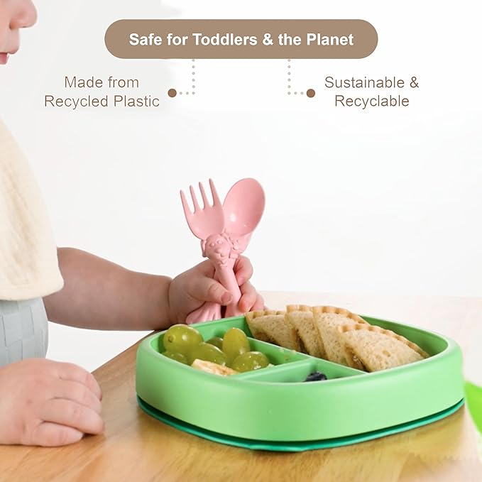 Made in USA Spoon la la Toddler Utensils Set - 2 Pack (1 Spoon & 1 Fork for Kids) - Self-Standing 3D Ergonomic Cat & Dog Handles - BPA-free, Dishwasher Safe, Baby Silverware (Pink)