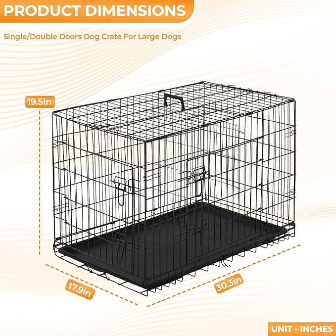 PayLessHere Medium Dog Crate Kennel 30 inches Metal Dog Cage Double-Door Folding Travel Indoor Outdoor Puppy Playpen with Divider and Handle Plastic Tray,Black