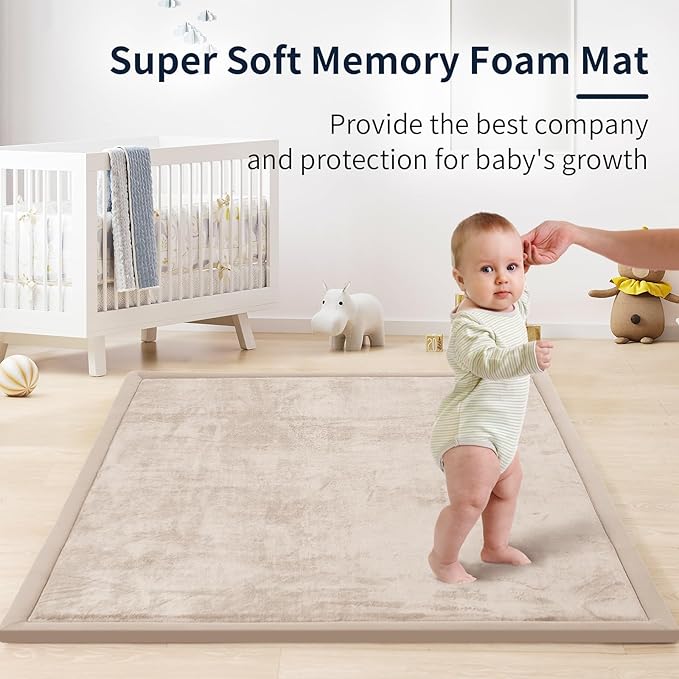 ACOMOPACK Baby Play Mat for Floor 1.3" Thick Memory Foam Play Mat 39"×59" Tummy Time Crawling with Non-Slip Bottom for Living Room,Nursery,Soft Velvet Playpen Mats for Kids,Infants(Beige)