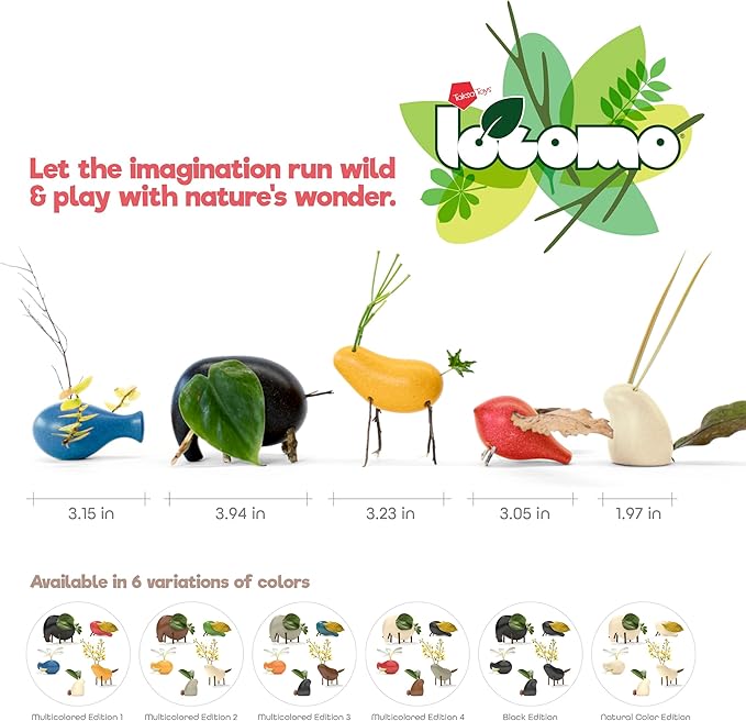 Taksa Toys Locomo Family 1 Open-Ended Waldorf Educational Outdoor Play Figures, Wooden Animal Montessori Toys for Kids 3 4 5 6 7+ for Childs Learning & Creativity Year Old, Gifts (Set of 5)