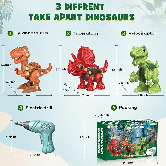 Laradola Dinosaur Toys for 4 5 6 7 8 Year Old Boys, Take Apart Dinosaur Toys for Kids 3-5 5-7 STEM Construction Building Kids Toy with Electric Drill, Party Birthday Gifts