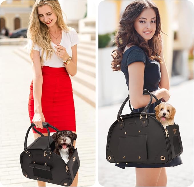 Dog Carrier, Cat Carrier, Pet Carrier, Foldable Premium PU Leather Dog Purse, Portable Tote Bag Carrier for Small to Medium Cats and Small Dogs(Black-Medium)