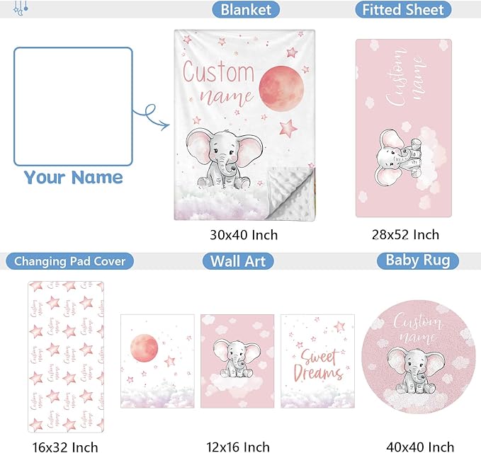 Personalized Nursery Bedding Set, 5 Pcs - Custom Baby Girl Elephant Bedding, Toddlers Bedding Set with Name, Double Layer, Customized Gift for Infant Kid
