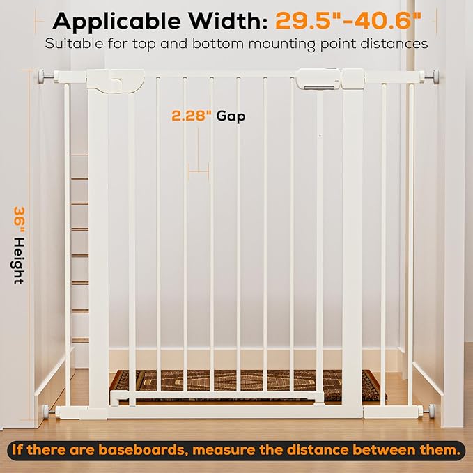 29.5-40.6" Magnetic Baby Gate for Stairs, Baby Safety Essentials, Auto Close Gate for Doorways, Easy Install Pressure Mounted Dog Gate Indoor, Pet Gates for Dogs, White