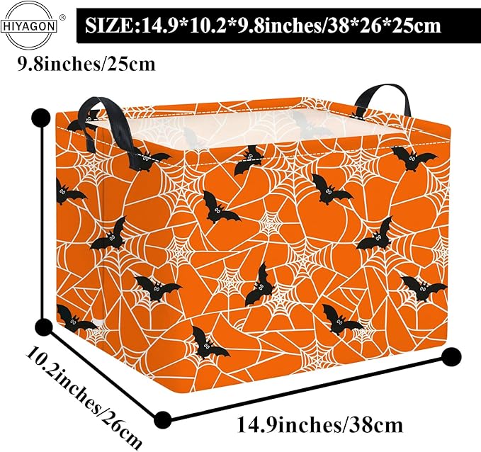 HIYAGON Rectangular Halloween Basket for Boys and Girls Kids Trick or Treat Pumpkin Basket for Halloween Parties Cute Storage Bin Organizer Box Room Decor(Bat spider web)