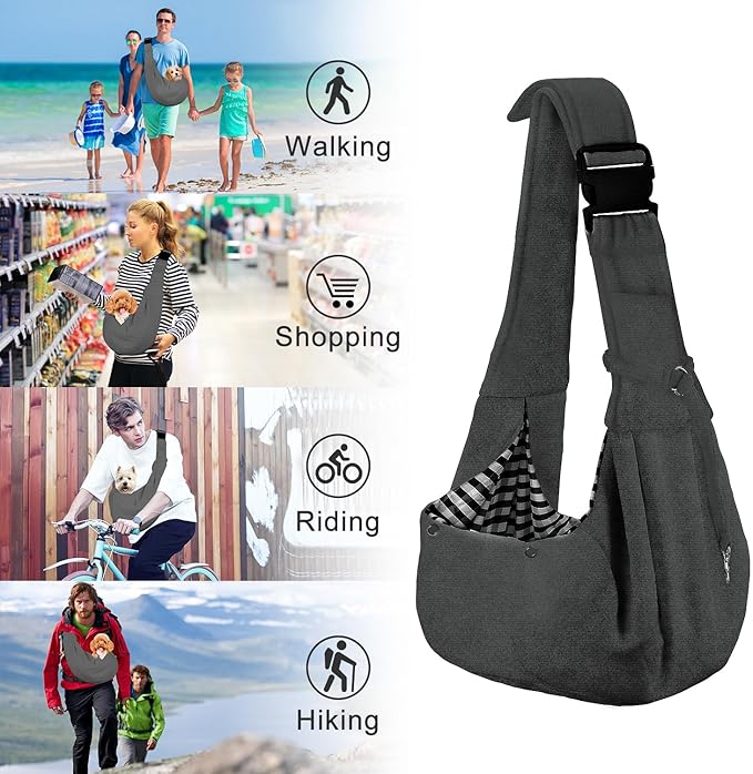 PETLOFT Reversible Dog Cat Sling Carrier, Small Carrier, Adjustable Sling, Hands Free Cross Body Carrier with Collar Hook for Dog/Cat/Bunny up to 11lb (Dark Grey)