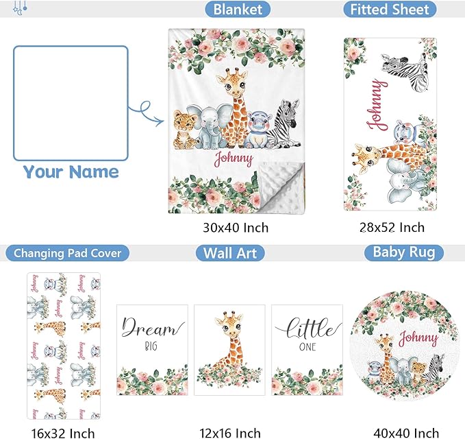 Custom 5-Piece Baby Crib Bedding Set, Personalized Name for Kid Toddler, Animal Nursery for Boy Girl, Double Layer, Customized Gift for Infant